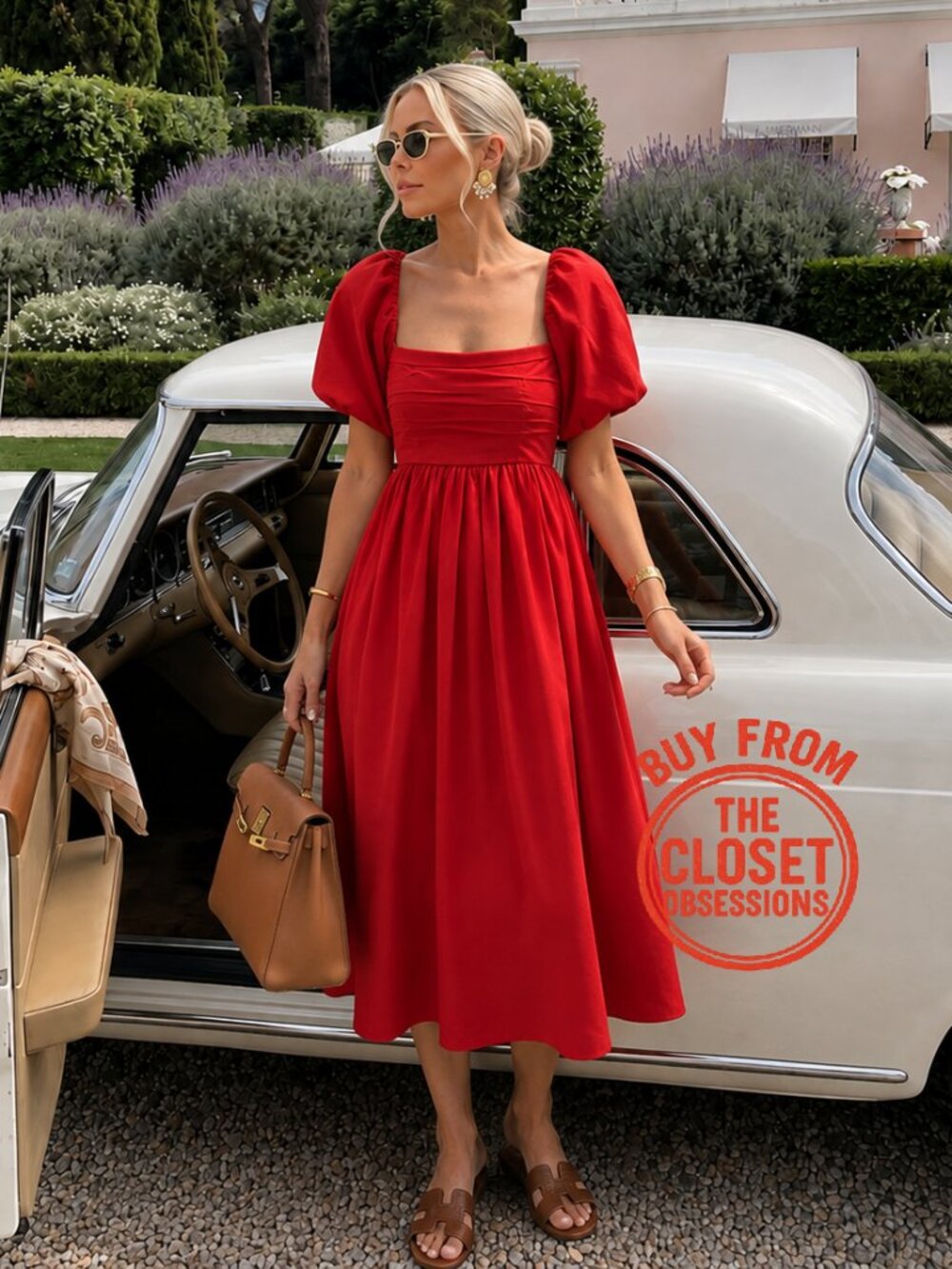 Mango Red Poplin Midi Dress NWT Off Shoulder Puff Sleeve Cotton Size 6